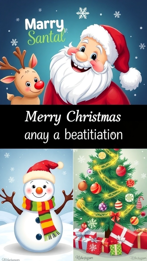Cute Merry Christmas Images Collection A collage of cute Merry Christmas images including Santa Claus, reindeer, snowman, and Christmas tree.